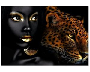 Léopard et femmes africaines lèvres sexy toile peinture à l'huile abstrait animal affiche imprime mur art photos pour salon moderne Ho5227144