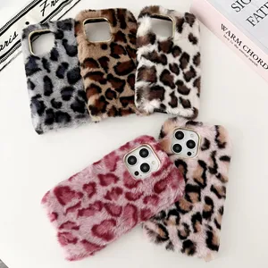 Funda de teléfono móvil de felpa con estampado de leopardo para iPhone 15 14 13 12 11 PRO Max xr xs 6 7 8 Plus, funda trasera cálida y larga de piel para teléfono