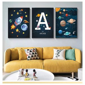 Cuadro sobre lienzo para pared de guardería con letras, carteles nórdicos e impresiones, imágenes de pared, decoración para habitación de niños, planeta, cohete, nave espacial, número Woo