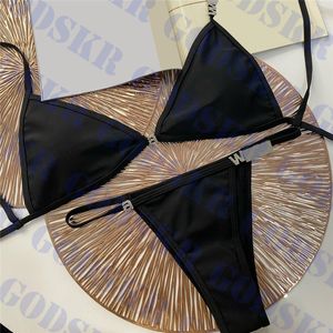 Bikini de diamantes de imitación con letras, lencería para mujer, bañador Sexy negro con Tanga para mujer, traje de baño clásico para mujer, sujetador