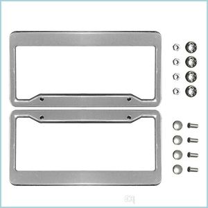 Cadres De Plaque D'immatriculation 2Pcs Sier Chrome Cadres En Acier Inoxydable Cadre De Plaque D'immatriculation En Métal Tag Er Avec Bouchons À Vis Car Styling Drop Deliv Dhceq