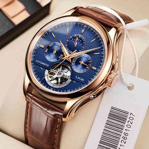 Lige 6826 Plus Marke Klassische Männer Retro Uhren Automatische Mechanische Uhr Tourbillon Uhr Echtes Leder Wasserdichte Armbanduhr Q0524