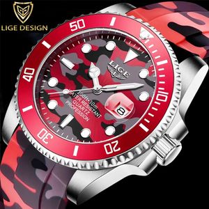 Lige New Fashion Mens Watches Top Brand Luxury Camuflage Quartz Watch Watch Man Sport Red Silicone Watch for Men Reloj Hombre