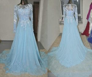 Bleu clair à manches longues Pageant robes de soirée femmes dentelle appliques robe de mariée occasion spéciale bal demoiselle d'honneur robe de soirée306b