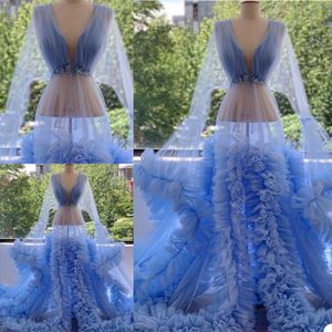 Bleu clair volants robes de soirée grande taille tulle appliqué formelle robes de bal à la main gonflé occasion spéciale robe