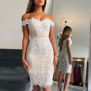 Vestidos de cóctel con cuentas de champán claro hasta la rodilla, apliques de encaje blanco corto, vestido de fiesta ajustado para mujer 2587