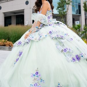 Robes de Quinceanera vert clair, robe de bal mexicaine à épaules dénudées, princesse à manches longues, robe de bal de 16 ans