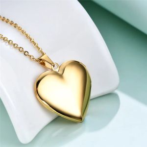 Pendentifs médaillon en forme de cœur léger pour femmes et hommes, cadre Photo ouvrable, colliers en or brillant 14 carats, collier d'amour familial
