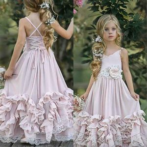 Vestidos de niña de flores boho rosa claro para boda Una línea de flores hechas a mano Apliques vestidos de escalada para niños ropa formal para fiesta de cumpleaños