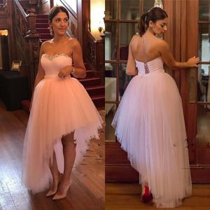 Rose clair haut bas robes de bal cristaux perlés chérie robes de soirée sexy sans bretelles robe de soirée formelle tulle robe de bal robes