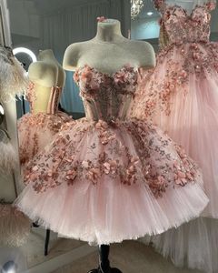 Robes de bal courtes rose clair avec des appliques florales 3D sans manches chérie corset robe de bal robes d'occasion spéciale magnifiques fleurs tulle robe de retour