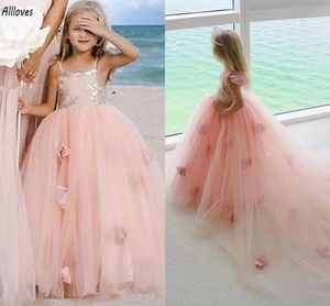 Светло-розовые тюлевые платья для девочек-цветочниц на свадьбу на тонких бретельках с 3D цветами бальное платье принцессы для торжественного случая для маленькой девочки Платье для первого причастия на день рождения CL3181