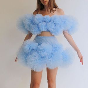 Robes de soirée deux pièces bleu ciel clair pour femmes, jupes tutu chic en tulle à volants, robe de cocktail pour filles, robes de bal courtes, bon marché