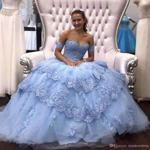 Cielo claro elegante encaje azul quinceanera nueva apliques de tul tul columnas volantes vestidos de vestimenta de vestidos princesas princesa vestidos de fiesta