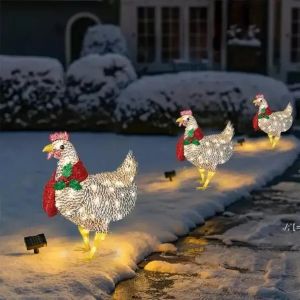 Pollo iluminado con bufanda Decoración navideña LED Decoraciones navideñas para exteriores Adornos de metal Decoraciones navideñas ligeras para patio 908