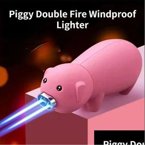 Lighters New Miggy Piggy butane Windproof 2 Jet Light Light Turch Personnalité accessoires de cigarettes Gas Gadgets amusants gonflés Dr Dhnuu