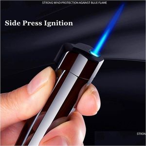 Lighters New Windproof Cigarette Torch Cigare Light Light Press Ignition Metal Blue Blue Flame Refipillable Butane Gas Gadgtes Drop Dev Dhdj7