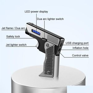 Encendedores Único Encendedor A prueba de viento Gaseléctrico Plasma USB Recargable Regalo para hombres Pistola plegable Antorcha de butano Turbo Jet Flame Cigar Dro Dhlma