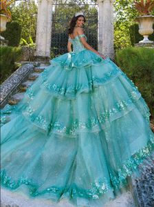 Lila lavanda princesa Puffy vestidos de quinceañera fuera del hombro 3D Floral con cordones corsé catedral tren vestido de 15 anos