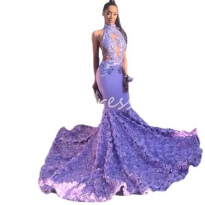 Lilac Mermaid Prom Vestidos 2024 Hermosa sirena chicas negras Vestido formal 3d Rose Flores Africanas Vestidos de la noche Luxury Quince Cumpleaños Rente de Soiree