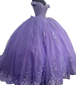 Lilas Quinceanera Dress 2023 Big Bow Back Glitter Sparkle Off-Shoulder Quince Ball Gown Corset Sweet 16 Birthday Party Prom Gala Vestidos De 15 Anos Charro Mexican
