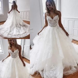 Línea Increíble un encaje Vestidos de boda sin espalda V Cuello Vestidos de novia Beachs Sweet Tul Tulle Apliquado Boho Vestidos de Noiva Ppliqued Estidos