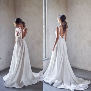 Ligne Bohemian une robe en dentelle perlée Applique V Neck Boho Satin Long Bridal Bridal Style STATY STYLE DE PLAQUE ROBE DE MARIE