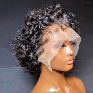 Peluca de corte Pixie de línea, pelucas de cabello humano rizado corto, encaje transparente 13X1 para mujeres prearrancadas