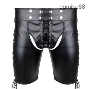 Lencería sexy cadena hombres bragas imitación cuero lateral con cordones bondage arnés pantalones lencería gótica abierto buopen cortch pantalones cortos gay fetiche ropa interior señoras tangas DC6T