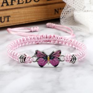 Pulseras de enlace Cordillera blanca blanca ajustable Pulsera trenzada para mujeres Coste de mariposa rosada Joya hecha a mano Regalos de joyer￭a