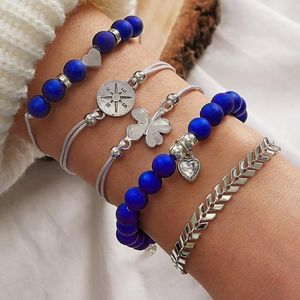 Pulseras de enlace Clover Blue Love Beads Beads de flecha Compass Conjunto de flecha con pulsera de diamantes de imitación de 5 piezas para mujeres