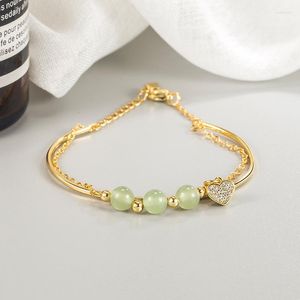Link Bracelets Color dorado Jade For Women Girl Love Heart Heart Circón Doble Cumpleaños Regalo Allato