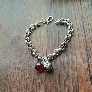 Pulseras de eslabones Color plata tailandesa Moda Vintage Pequeña campana Pulsera con dijes de piedra roja para mujeres Hombres Diseño de gama alta Brazaletes de joyería de tendencia