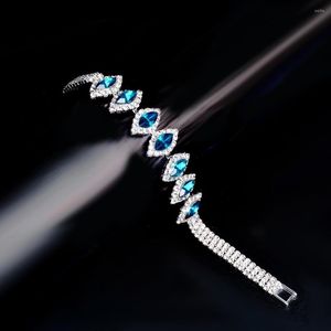 Pulseras de eslabones TREAZY elegante pulsera de cristal azul pavo real para mujer brillante brazalete de diamantes de imitación regalo de boda nupcial plateado encanto