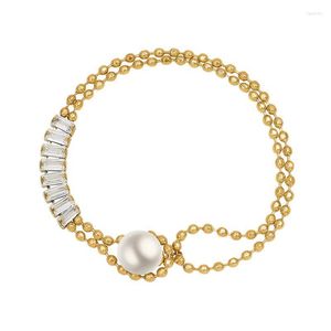 Cadena de eslabones elegante perla de imitación CZ pulsera de acero inoxidable joyería de moda exquisita 18 K accesorios de Metal para mujer 2022 Fawn22