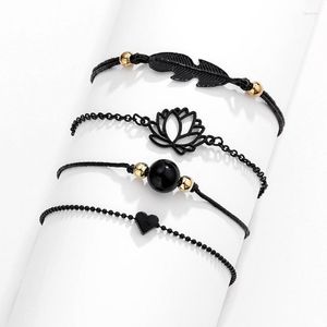 Chaîne à maillons quatre pièces, perles noires, feuille d'amour, Lotus, combinaison de bracelets à breloques, style Boho, vente en gros, en vrac, Fawn22