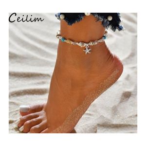 Chaîne à maillons faite à la main coquille pendentif cheville perles étoile de mer pour les femmes Antique Sier couleur Vintage sandale déclaration Bracelet pied Boho Dr Otebu