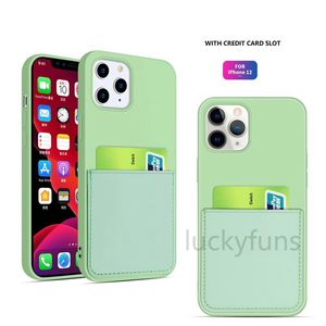 Liquid Silicone Credit Card Holder Wallet Phone Cases pour iPhone 12 mini 11 Pro x xr xs Max SE 6 7 8 Plus couleur bonbon Housse de protection antichoc