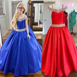 Little Miss Pageant Dress for Teens Junior Toddler 2023 Bow Beading AB Stones Crystals Long Girl Pageant Gown Formal Party Runway Red Carpet ritzee Red Royal