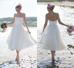 Pequeño vestido de novia blanco de alta calidad de longitud de té sin tirantes plisado Organza blanco puro vestido de recepción vestidos de boda de playa de talla grande