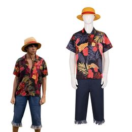 Version d'action en direct de One Piece cowear pour hommes, chemise du même style, chapeau de paille, costume de cosplay Luffy, costume de performance