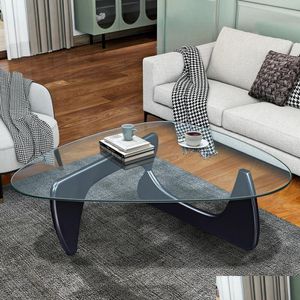 Modern Black Triangle Coffee Table with Glass Top and Solid Wood Base for Living Room