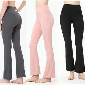 LL-9012 Pantalones de mujer Trajes de yoga Pantalones Cintura alta Levante las caderas Ejercicio suelto Deporte Gimnasio Correr Pantalón largo con fondo de campana Cintura elástica Secado rápido