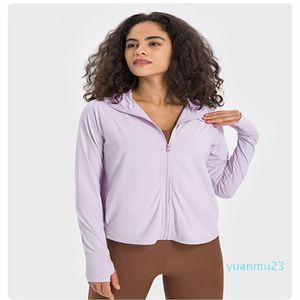 ll Womens Yoga Outfit Protection solaire Hoodies Manches longues Zipper Hooded Jacket Chemises décontractées UPF 50 Sun Block Full Zip T-shirts Poches pour l'été DS225