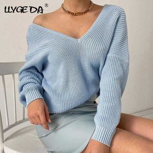 Llyge da Solid Casual Women's Pull pour une manche longue profonde en V-colmes en tricot en tricots Pulllades à bas prix hiver à bas prix 210922