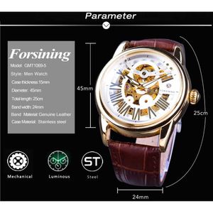 LMJLI - Forsining Venta exclusiva oficial Cuero marrón Número romano Retro Diseño de lujo Reloj para hombre Reloj de pulsera automático de primeras marcas