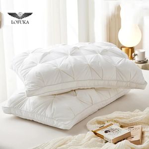 Lofuka luxe blanc 100% duvet d'oie oreiller résistant au duvet fleur artisanat coton couverture literie 3D Style Rectangle reine roi lit oreiller 231229