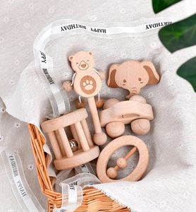 Bûche en bois bois solide morsure de bébé 5 pièces Elephant Pacify Molar Stick Handbell Anneau DIY BOIS TOUEUR BOIS 231221