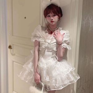 Lolita White Goth Aesthetic Puff Sleeve High Waist Vintage Bandage Lace Trim Party Gothic Clothes Summer Dress Woman