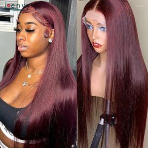 Peluca frontal de encaje borgoña larga 13X6 Hd, pelucas de cabello humano liso de hueso, Frente de color rojo 99J para mujeres negras